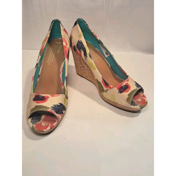 Toms Shoes Twill Wedge Cork 3" Heel Peep Toe Slip On Sandals Multicolor Size 7.5 - Picture 1 of 9